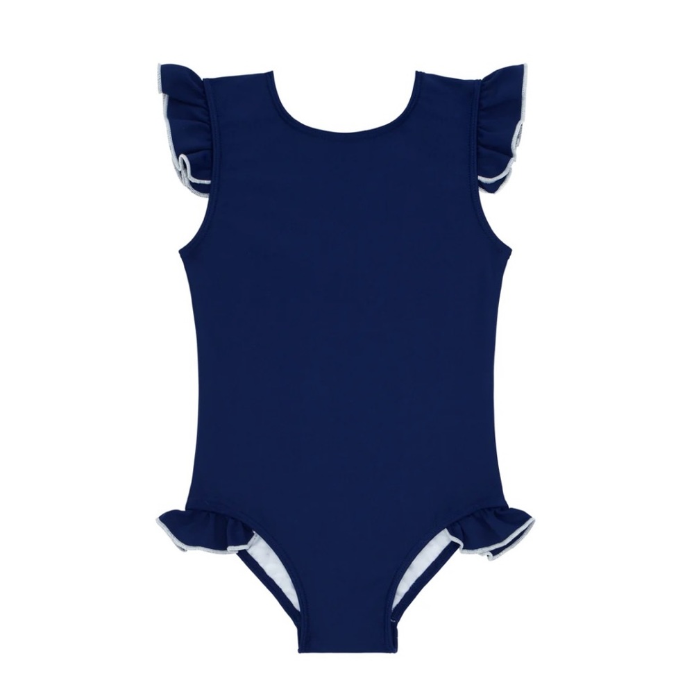 NWT Minnow girls navy w/ white trim ruffle sleeve rashguard one piece, size 9/10